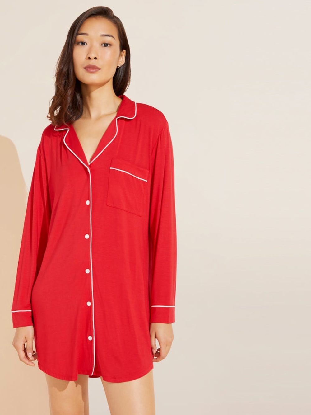 Eberjey Gisele TENCEL™ Modal Sleepshirt Red Ivory Piped Nightgown Pajama Size S